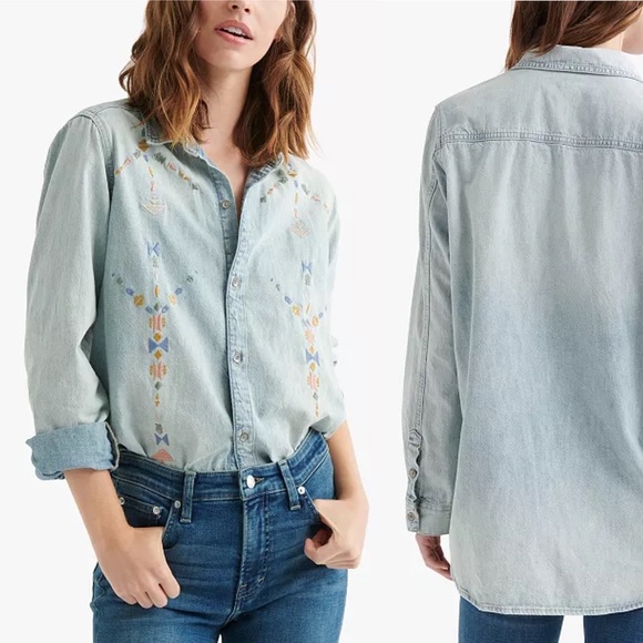 Lucky Brand Boyfriend Button Down Shirt – Camicia Da Donna Dal Taglio Ampio E Rilassato. Colletto Largo, Tasca Sul Petto E Polsini Con Bottone. Perfetta Per Un Look Casual E Chic.
